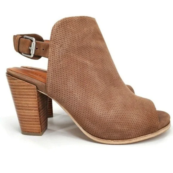 Gentle Souls Tan Nubuck Leather Open-Toe Sling-Back Stacked Heel Shootie Sandals - Picture 2 of 16